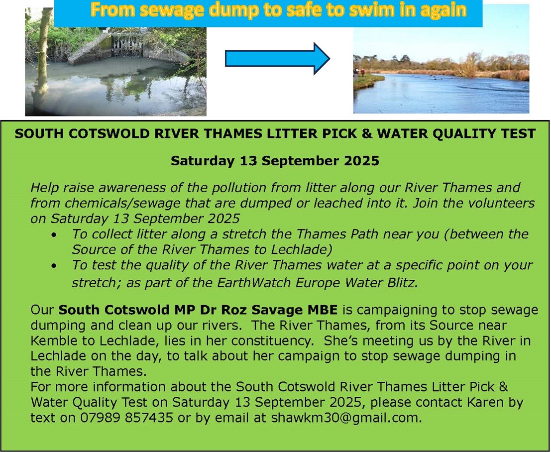 SOUTH COTSWOLD RIVER THAMES LITTER PICK & WATER QUALITY TESTING Saturday 13 September